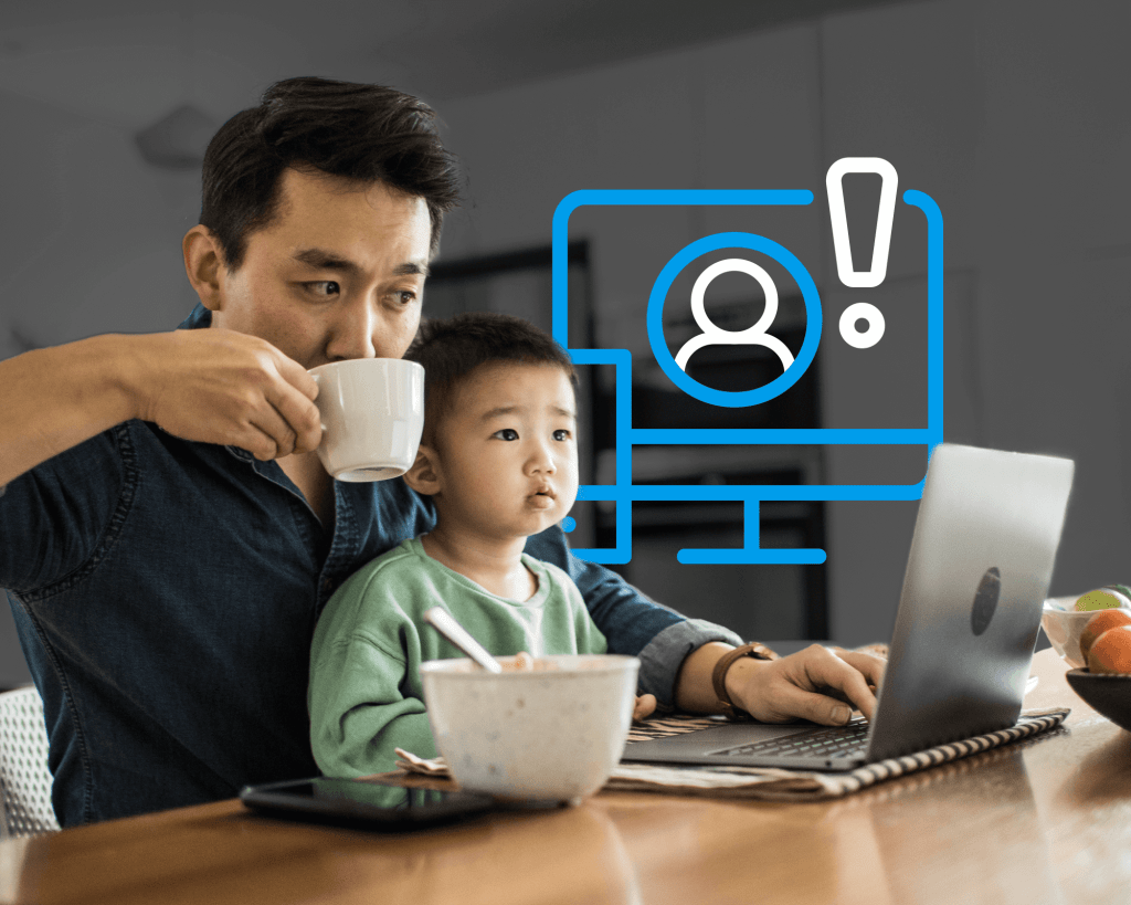 Ein Mann sitzt an einem Esstisch und sein kleiner Sohn sitzt auf seinem Schoß. Sie schauen auf einen Laptop, während im Hintergrund Symbole von Computermonitoren und Ausrufezeichen zu sehen sind, die auf Überwachung und Warnungen hinweisen.