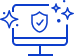 blauw omlijnd pictogram van een desktop computerscherm met een schild in het midden