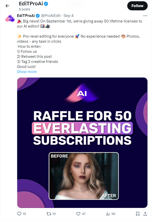 Tweet by EditProAi dated September 4